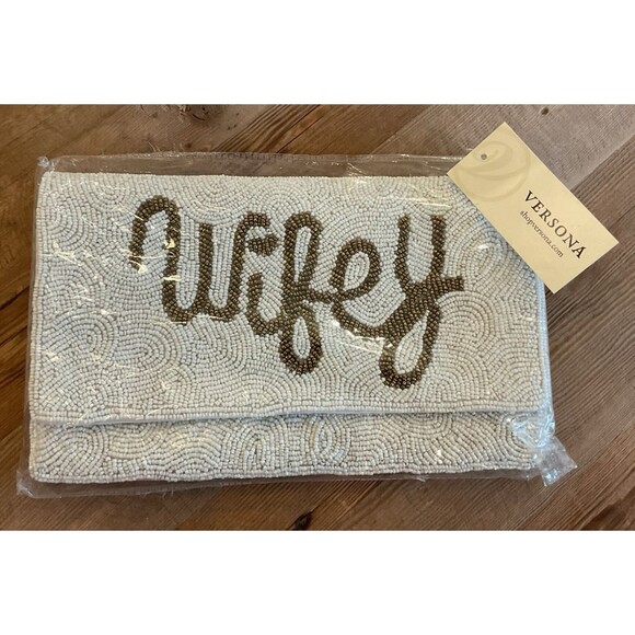 Versona White and Gold Beaded Clutch - Picture 1 of 4